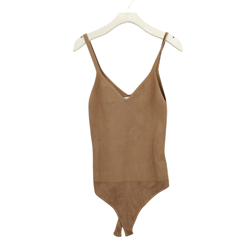 Abercrombie & Fitch Womens Minimalist Ribbed V-Neck Bodysuit XL Brown Thong Snap